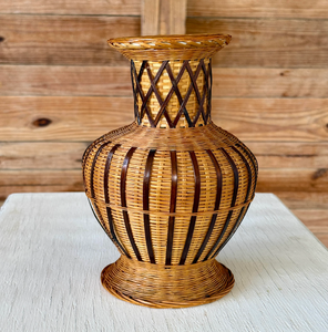 <b>Unique</b> hourglass woven rattan tabletop <b>vase</b> with two-tone chevron accent pattern, classic, available at wholesale prices. - Product Image 5