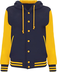 Chaqueta Varsity con Capucha para Mujer, Color Azul Marino y Amarillo, Diseño de Bloques de Color en Contraste, Manga Larga, Transpirable, Estilo Preppy, Invierno - Product Image 1