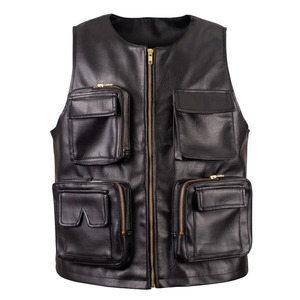 Premium Men's Black Leather <b>Vest</b> With Zippered Pockets Front Zip Closure Multi-Pocket Design Regular Fit Outerwear - Product Image 1