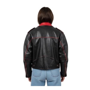 Blouson en cuir oversize noir et rouge pour femme – Style moto vintage, cuir véritable, manteau streetwear tendance - Product Image 2
