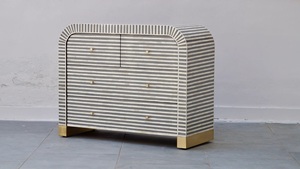 Contemporary Striped Marble <b>Chest</b> of Drawers with Brass Feet 3-Drawer <b>Storage</b> Cabinet Modern Living Room Furniture - Product Image 3