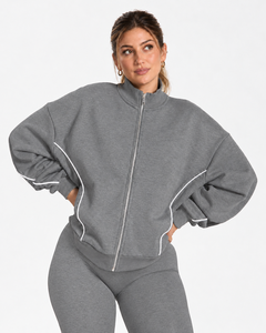 <b>Women</b> Contrastline Zipper Tracksuit Casual Two Piece Set Relaxed Fit <b>Jacket</b> And Wide Leg Pants Matching Outfit Wholesale Apparel - Product Image 3
