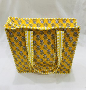 Silkgram Yellow Floral Quilted 100% Cotton Tote <b>Bag</b> with Zipper Closure <b>Large</b> Size Long Handle for <b>Beach</b> Shopping Made Rajasthan - Product Image 1