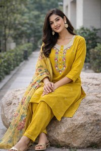 Conjunto de Kurti y Dupatta hasta la rodilla con bordado propio en colores brillantes, estilo moderno para fiestas, estilo del sur de la India, para hombre, SIE - Product Image 4