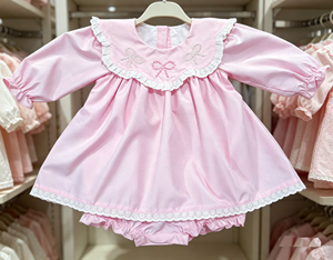 Robe bulle rose pour filles, mini-robe de bal écologique à manches bouffantes avec nœud orné de perles, respirante, 100 % coton - Product Image 1