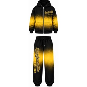 Conjunto Deportivo Casual Personalizado para Mujer, Sudadera con Capucha y Pantalones Jogger, Estilo Tie Dye, Color Dorado y Negro, de la Hermandad Griega Sigma Gamma Rho - Product Image 1