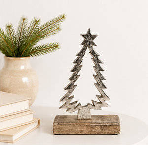 Handcrafted Silver Aluminum Christmas <b>Tree</b> Sculpture With Natural Wood Base Minimalist Metal <b>Tabletop</b> Holiday Decor For Home - Product Image 2