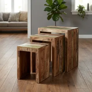 Rustic Wooden Nesting Stool Set of 3 Handmade <b>Reclaimed</b> <b>Wood</b> <b>Side</b> <b>Tables</b> Compact Stackable Seating Furniture for Living Room - Product Image 1