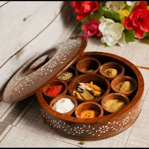 Rustic Wooden Spice Box with 7 Compartments Decorative Lid Herb <b>Storage</b> Container - Product Image 1