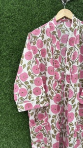 Bata Kimono de Algodón Floral con Cuello en V, Estampada a Mano, Transpirable, de Manga Larga para Mujer, Estilo Indio, para Verano, Ropa de Playa - Product Image 3