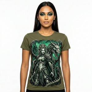 Camiseta Personalizada con Gráfico de Dragón Fantástico para Mujer, Verde, Estilo Gótico Guerrero, Fabricante, Impresión Serigrafiada, Algodón Grueso, Ropa Urbana - Product Image 1