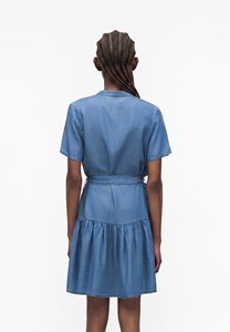 Women's Denim Shirt Dress V-Neck Short Sleeve Skinny Fit Maxi with Belt Casual Summer Solid Blue Cotton Woven Vintage - Product Image 3
