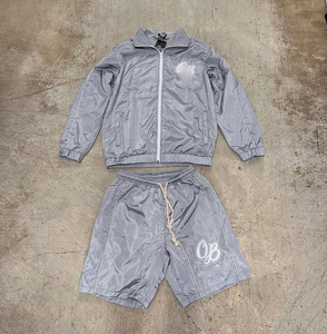 Ensemble de survêtement en satin bleu pour homme OB avec logo brodé, sportif, été, séchage rapide, haut à manches courtes et short - Product Image 4