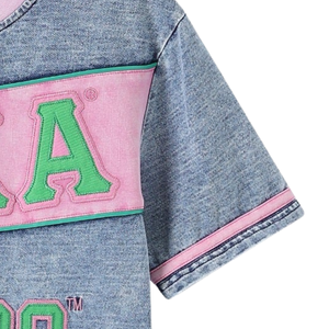 AKA เสื้อเชิ้ตผ้าเดนิมพรีเมี่ยม สีฟ้าอ่อน สีชมพู สีเขียว คอกลม แขนสั้น สไตล์กรีก สำหรับผู้หญิง - Product Image 3