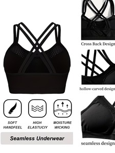 Mesh Panel Sports Bra Women Criss <b>Cross</b> Strappy Back Yoga Crop <b>Top</b> Seamless Padded Gym Workout Fitness Activewear Bralette - Product Image 5