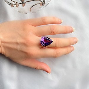 Bague cocktail en argent avec améthyste véritable en forme de poire, grande goutte d'eau, pierre de naissance de février, bijou statement pour femme - Product Image 2