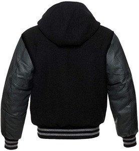 Veste varsity noire pour homme avec manches à capuche, décontractée, fermeture à boutons, coupe classique, couleur unie, pour l'automne - Product Image 3