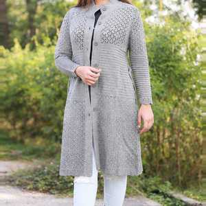 Cardigan en tricot crochet texturé gris à manches longues, boutonné sur le devant, avec poche, longueur midi, ODM pour l'automne-hiver - Product Image 1