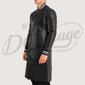 Manteau long en cuir véritable noir pour homme, style varsity, avec manches matelassées et poignets côtelés rayés, manteau en cuir de qualité supérieure - Product Image 5