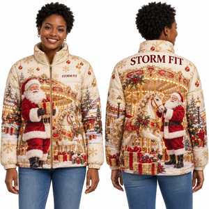 Custom Women's blue red <b>Santa</b> Claus Christmas Puffer Jacket Quilted Satin Fabric Winter Coat Sublimation Print front zipper - Product Image 2