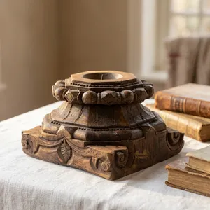 เชิงเทียนไม้โบราณทำมือ ดีไซน์แกะสลักทรงเรียว ตกแต่งบ้าน งานแต่งงาน - Product Image 3