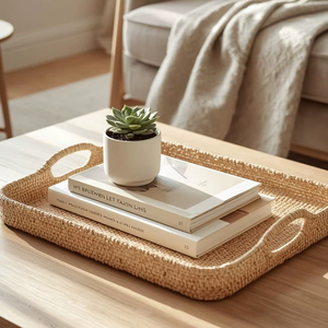 Bandeja de Servir de Ratán Premium Hecha a Mano con Asa de Madera Sólida, Mimbre Natural Ecológico para Té, Café, Comedor, Diseño Rústico - Product Image 1