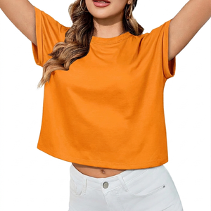 T-shirt décontracté en tricot pour femme, coupe ample, col rond, manches courtes, couleur unie, orange, printemps-été - Product Image 1