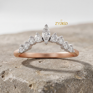 Bague de mariage et de fiançailles de luxe en argent 925 bicolore avec diamant taille marquise, style diadème courbé en V, pour empilage et superposition - Product Image 2