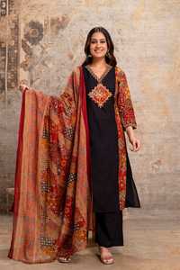 Ensemble ethnique pour femme en coton noir à imprimé Ajrakh traditionnel, séchage rapide, longueur genou, coupe régulière, décontracté, pour mariage et fête, Inde - Product Image 3