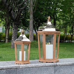 Farol Decorativo de Madera con Tapa de Metal Dorado, Farol de Vidrio Rústico Estilo Granja para Decoración del Hogar y Bodas - Product Image 3