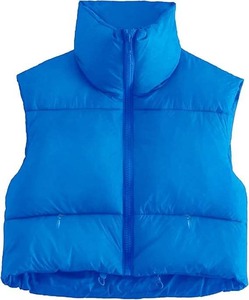 Chaleco Acolchado sin Mangas para Mujer, Cuello Alto, Color Azul, Cierre de Cremallera, Ropa Exterior Informal, Relleno 100% Poliéster - Product Image 1