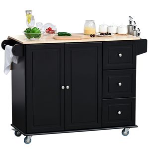 Isola Cucina Mobile Nera con Carrello Portaoggetti, Ruote, Piano Ribaltabile, 3 Cassetti, Armadietto a 2 Ante, Portasciugamani/Portaspezie - Product Image 1