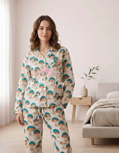 Handmade 100% Cotton Summer Mushroom Print Women's Full-Sleeve Button-<b>Down</b> Pajama Set Quick Dry Breathable Fabric Elastic Waist - Product Image 2