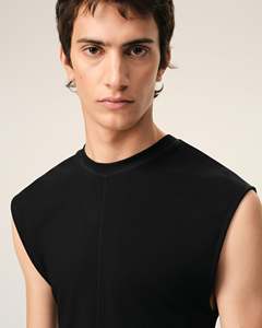 Haut sans manches en tricot à col rond pour homme, coupe ajustée, noir uni, style minimaliste, longueur normale, 100% coton, collection - Product Image 6