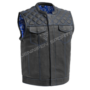 Gilet de motard en cuir véritable pour homme, noir, avec surpiqûres diamantées, poche dissimulée et doublure intérieure en bandana. - Product Image 1
