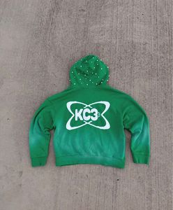 Ensemble sweat-shirt à capuche vert pour femme, streetwear 2 pièces, manches longues, en coton tricoté uni avec strass, coupe ample, printemps - Product Image 5