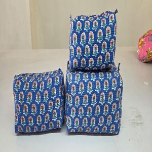 Quilted Cotton Travel & Daily Use <b>Drawstring</b> <b>Toiletry</b> <b>Bag</b> Set of 3 Makeup <b>Bag</b> WashBag - Product Image 1