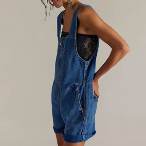 Salopette en jean pour femme, couleur unie, taille haute, coupe ample, délavée, respirante, style décontracté d'été, short-combinaison, très vendue - Product Image 3