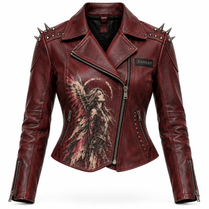 Blouson de motard asymétrique en cuir véritable rouge foncé pour femme, avec imprimé graphique ailes d'ange personnalisées, fermeture éclair et clous, par le fabricant - Product Image 1