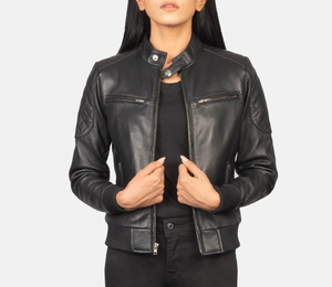<b>Leather</b> Bomber <b>Jacket</b> Women <b>Men</b> Unisex Black Zipper Closure Solid Color Autumn Winter Wear Regular Fit Slim Style Eco-Friendly - Product Image 1