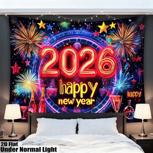 Arazzo Verticale Luminoso 2D a Tema Capodanno 2026, Decorazione da Parete Fluorescente che si Illumina al Buio per Feste, Felice Anno Nuovo - Product Image 3