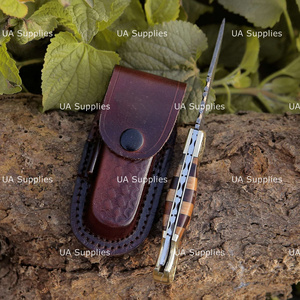 Hand Engraved Brass Accents Handle Damascus Steel Back <b>Lock</b> Folding Knife with Leather Sheath Wholesale Factory Direct OEM ODM - Product Image 6