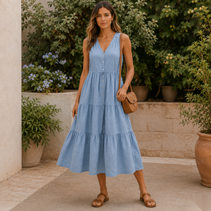 Vestido midi con cuello en V, sin mangas, corte en A, de algodón, informal, de verano, color liso, transpirable, ajuste holgado, cintura natural - Product Image 1