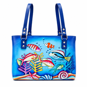 Bolso Tote de Lujo Vintage de Cuero Genuino Pintado a Mano con Diseño de Peces del Océano para Mujer, Bolso de Hombro Personalizado para Compras - Product Image 1