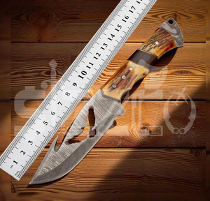 Couteau de chasse OEM Wirecut en acier Damas, couteau à dépecer, manche en bois de cerf, lame fixe, couteau de camping et d'extérieur EDC avec étui en cuir - Product Image 6