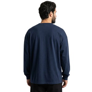 Pure Cotton <b>Men</b> Relaxed Baggy Cut <b>Long</b> <b>Sleeve</b> <b>T</b>-<b>Shirts</b> Navy Blue Plus Size Round Neck Casual Daily Wear - Product Image 2