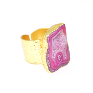Unique Design Natural Pink Geode Druzy 22KGold Plated Crocodile Texture Big Band Free <b>Size</b> <b>Ring</b> In Brass Metal Jewelry For Women - Product Image 2