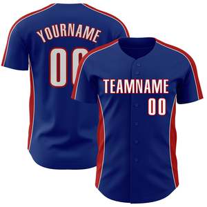 Maillot de baseball personnalisé bleu et rouge avec nom et numéro de l'équipe, impression sublimée, manches courtes, boutons sur le devant, vêtements pour hommes adultes - Product Image 1