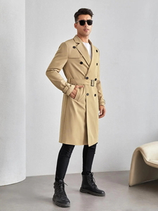 Manteau trench-coat kaki croisé pour homme, à revers crantés, ceinturé, longueur genou, manches classiques, en laine et polyester - Product Image 1