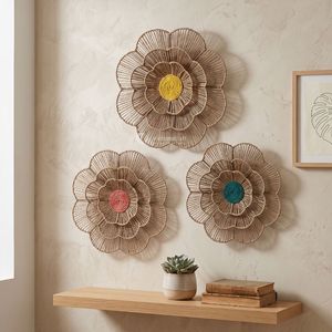 Décoration murale bohème en macramé et corde de paille, tissée circulaire bicolore, pour la décoration intérieure, accent de salon, ensemble de plusieurs pièces, Diwali - Product Image 5
